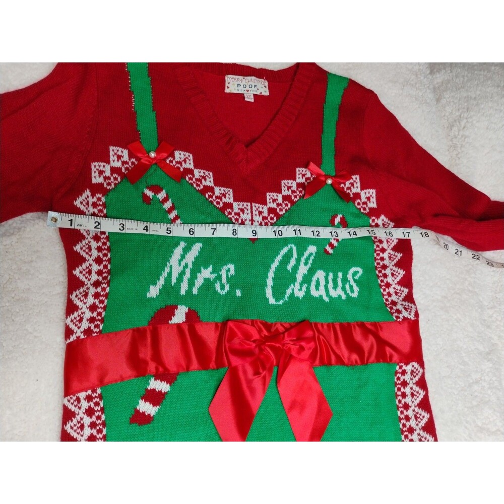Poof Mrs. Claus V-Neck Intarsia Knit Ugly Christmas Sweater Red/Green M - Picture 3 of 8